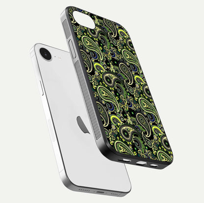Green Mandala Pattern Glass Case for iPhone 16e floating dual-view mockup showing gloss texture and symmetry shine