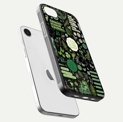 Green Moon Energy Glass Case for iPhone 16e floating dual-view mockup showing glossy texture and energy aura