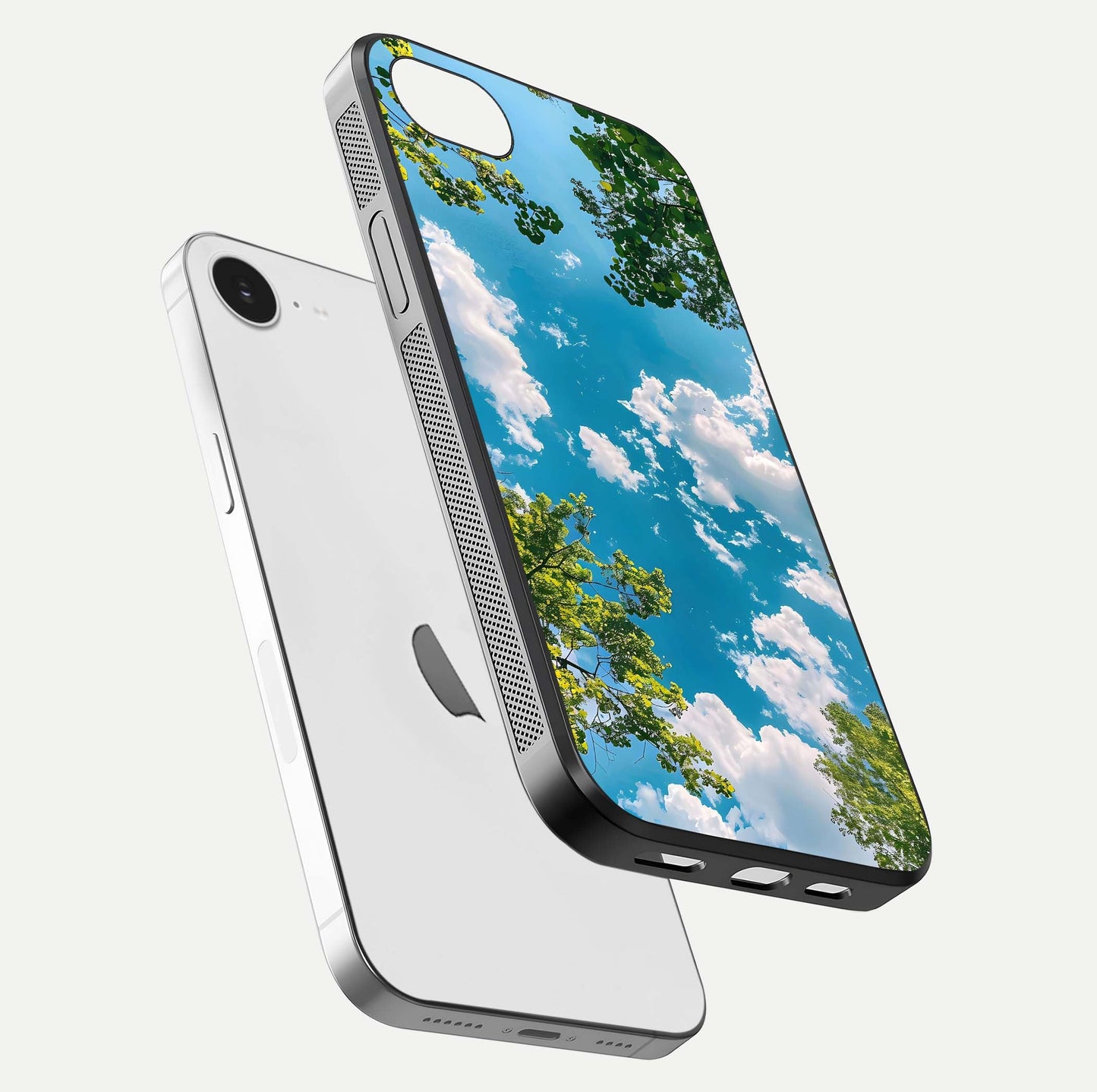 Greenery Sky Glass Case for iPhone 16e floating dual-view mockup showing glossy shine and soft natural tones