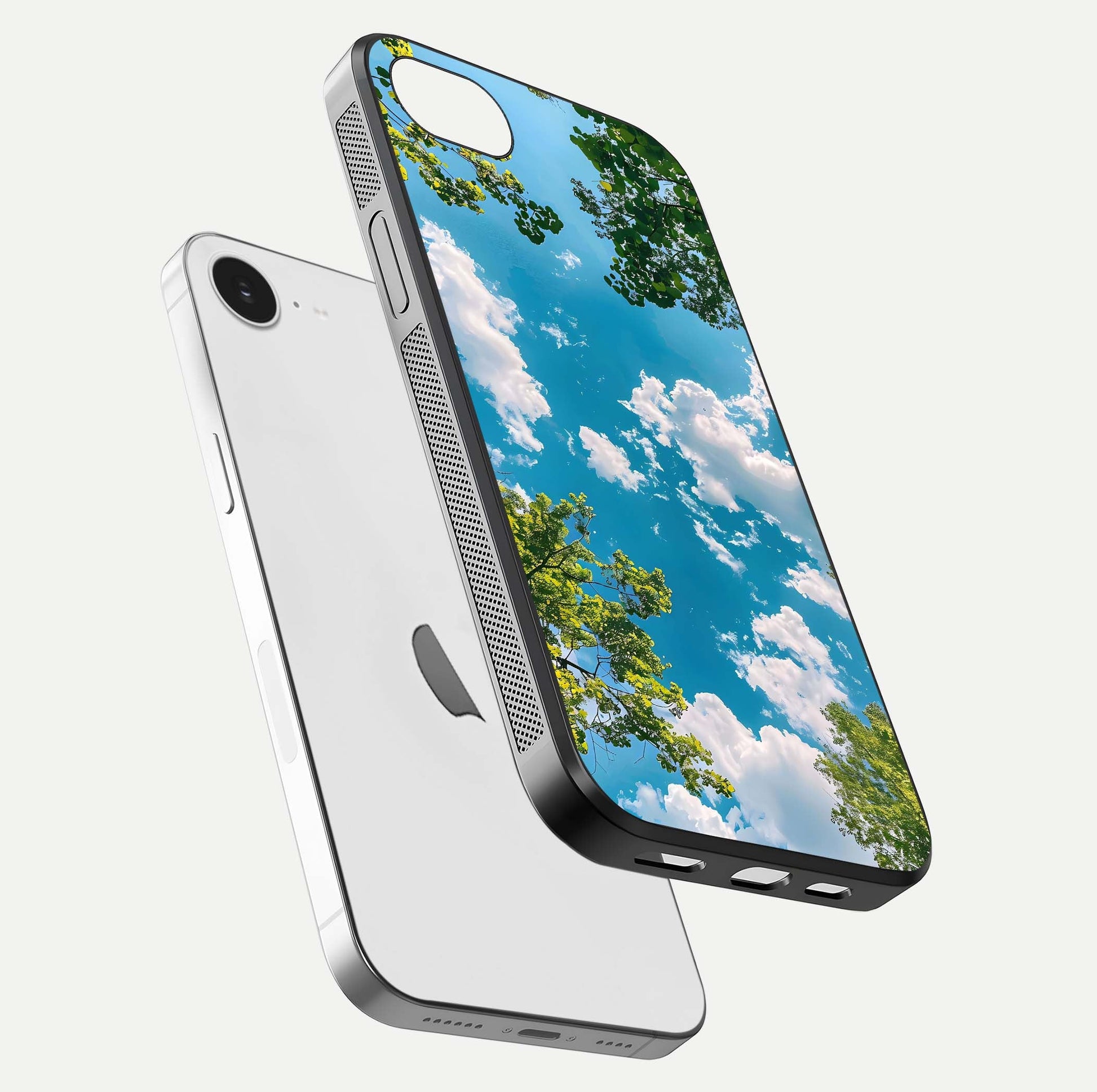 Greenery Sky Glass Case for iPhone 16e floating dual-view mockup showing glossy shine and soft natural tones