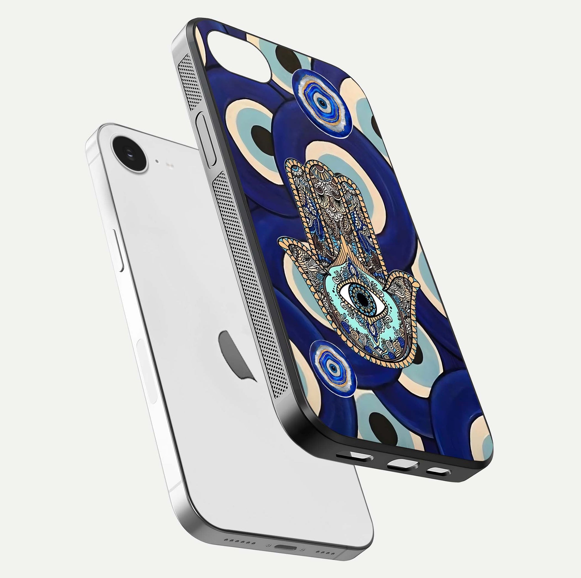 Hamsa Divine Guard Glass Case for iPhone 16e floating dual-view mockup showing gloss shine and mystical pattern