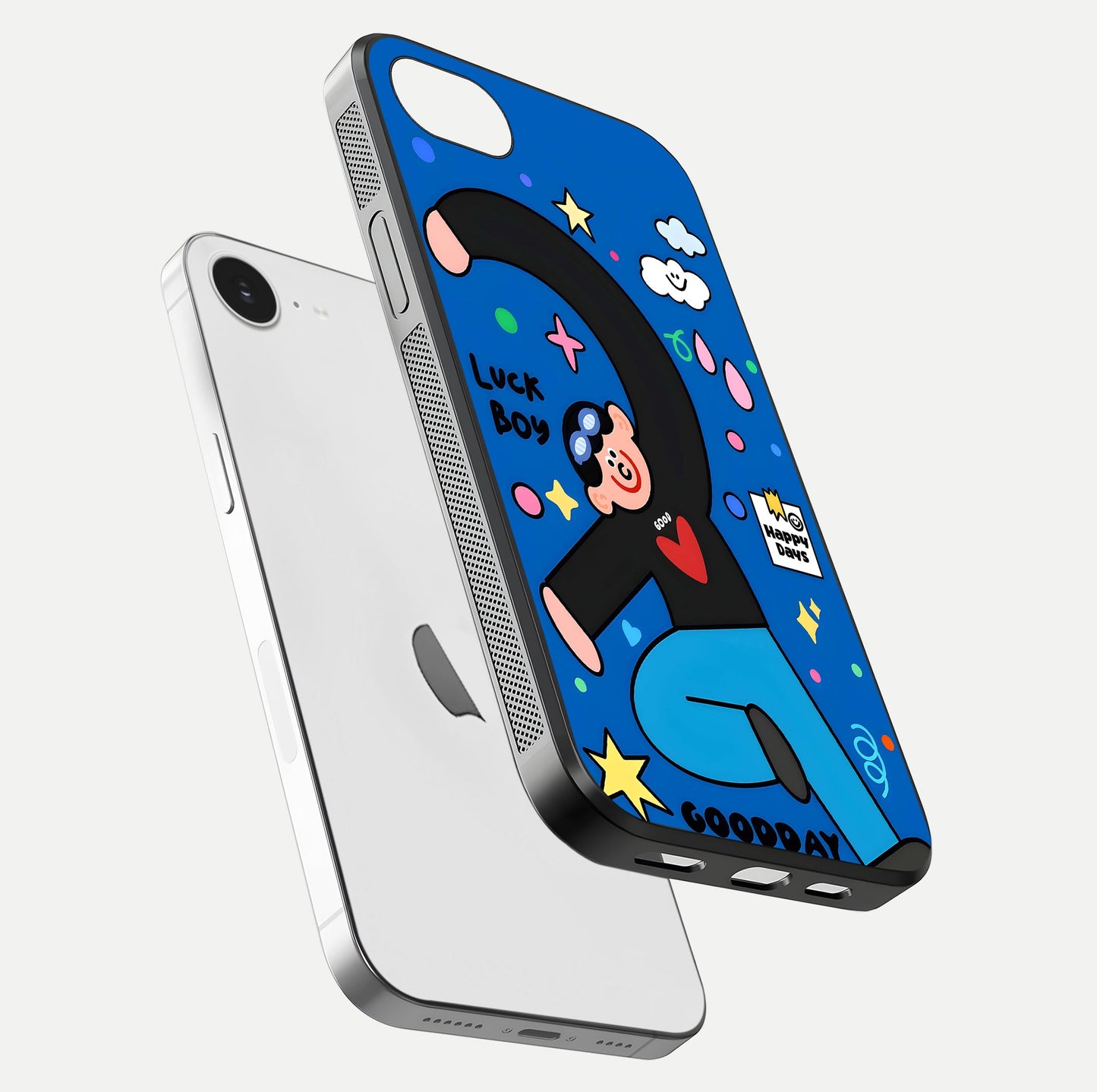 Happy Luck Vibe Glass Case for iPhone 16e floating dual-view mockup showing glossy tone and bright finish