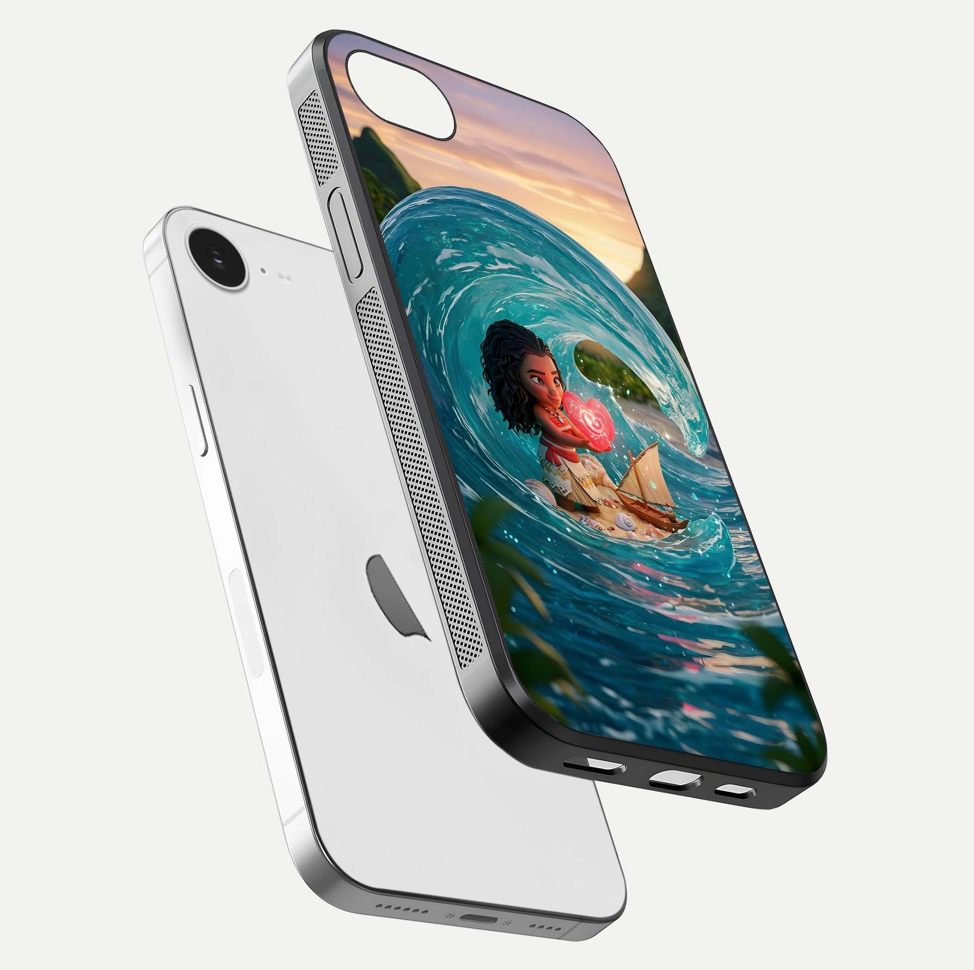 Heart of Ocean Glass Case for iPhone 16e floating dual-view mockup showing gloss surface and aquatic design