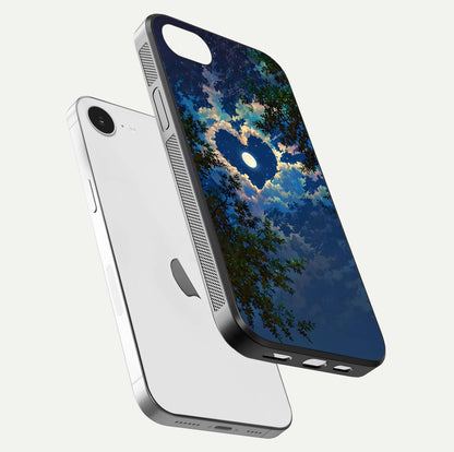 Heart with Moon Sky Glass Case for iPhone 16e floating dual-view mockup showing gloss texture and romantic sky glow