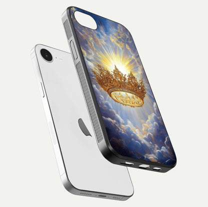 Heavenly Crown Light Glass Case for iPhone 16e floating dual-view mockup showing gloss shine and luminous crown texture