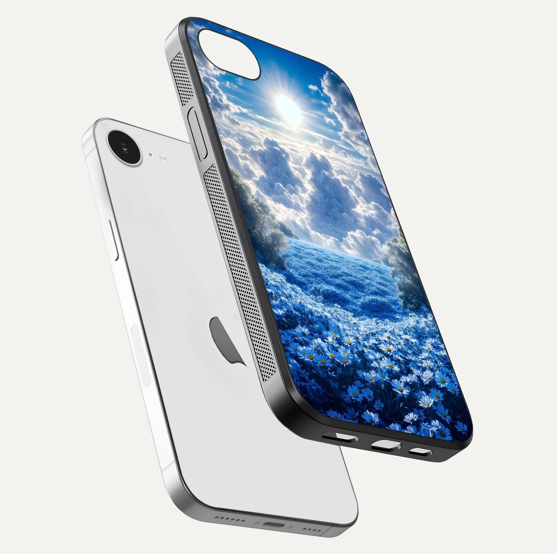 Heavenly Daisy Horizon Glass Case for iPhone 16e floating dual-view mockup showing gloss polish and soft pastel background
