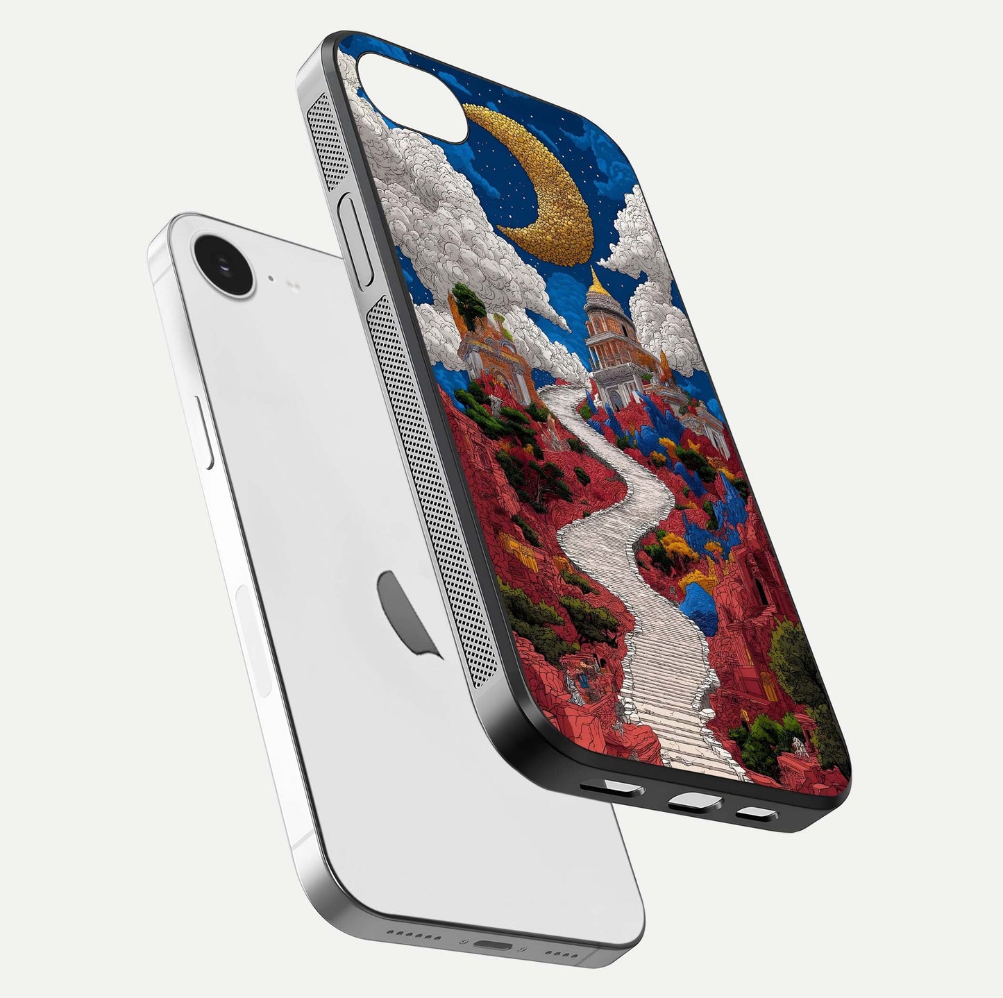 Heavenly Moon Path Glass Case for iPhone 16e floating dual-view mockup showing gloss surface and celestial pathway