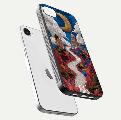 Heavenly Moon Path Glass Case for iPhone 16e floating dual-view mockup showing gloss surface and celestial pathway