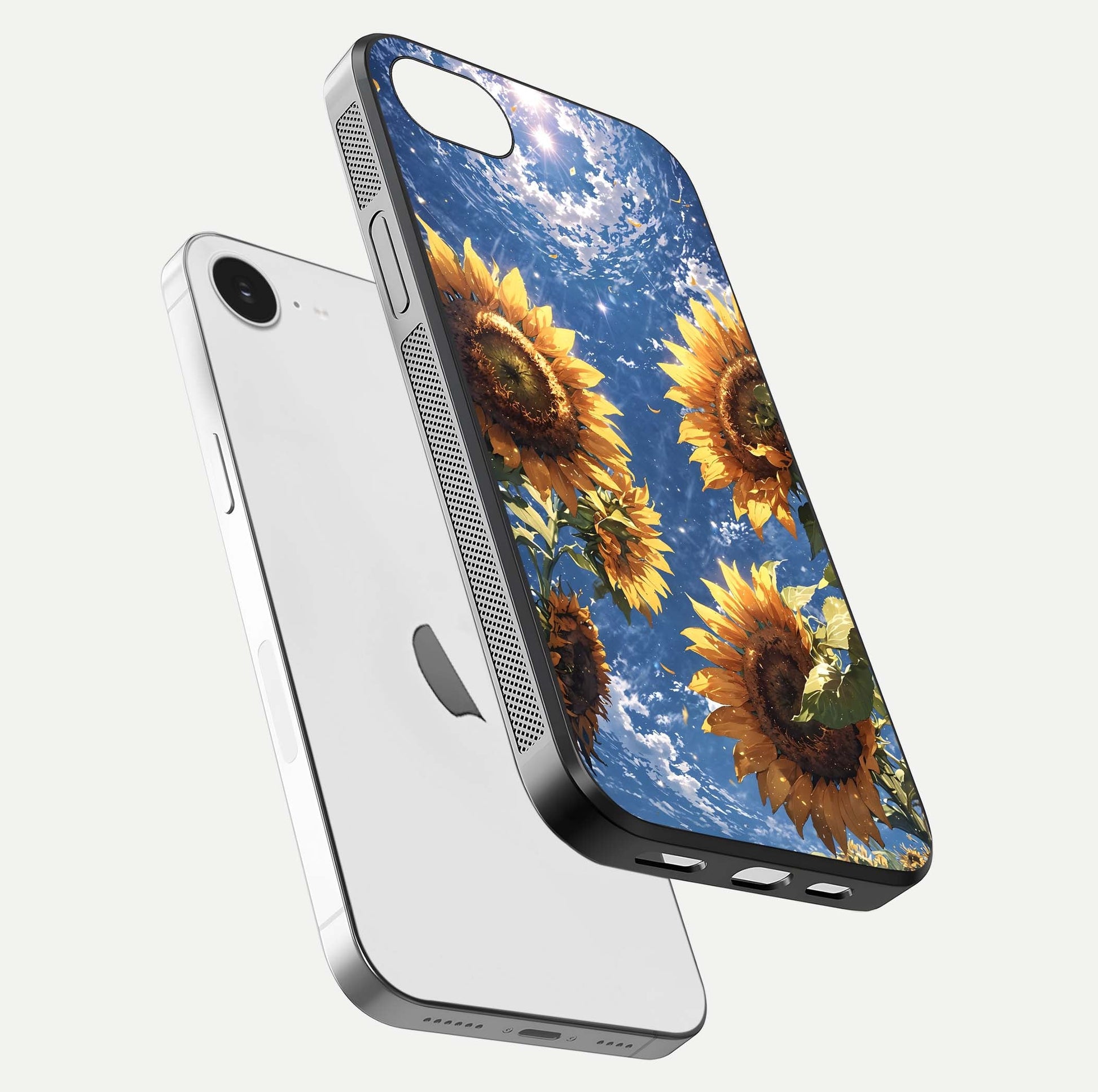 Heavenly Sunflower Rise Glass Case for iPhone 16e floating dual-view mockup showing gloss brightness and morning-light feel