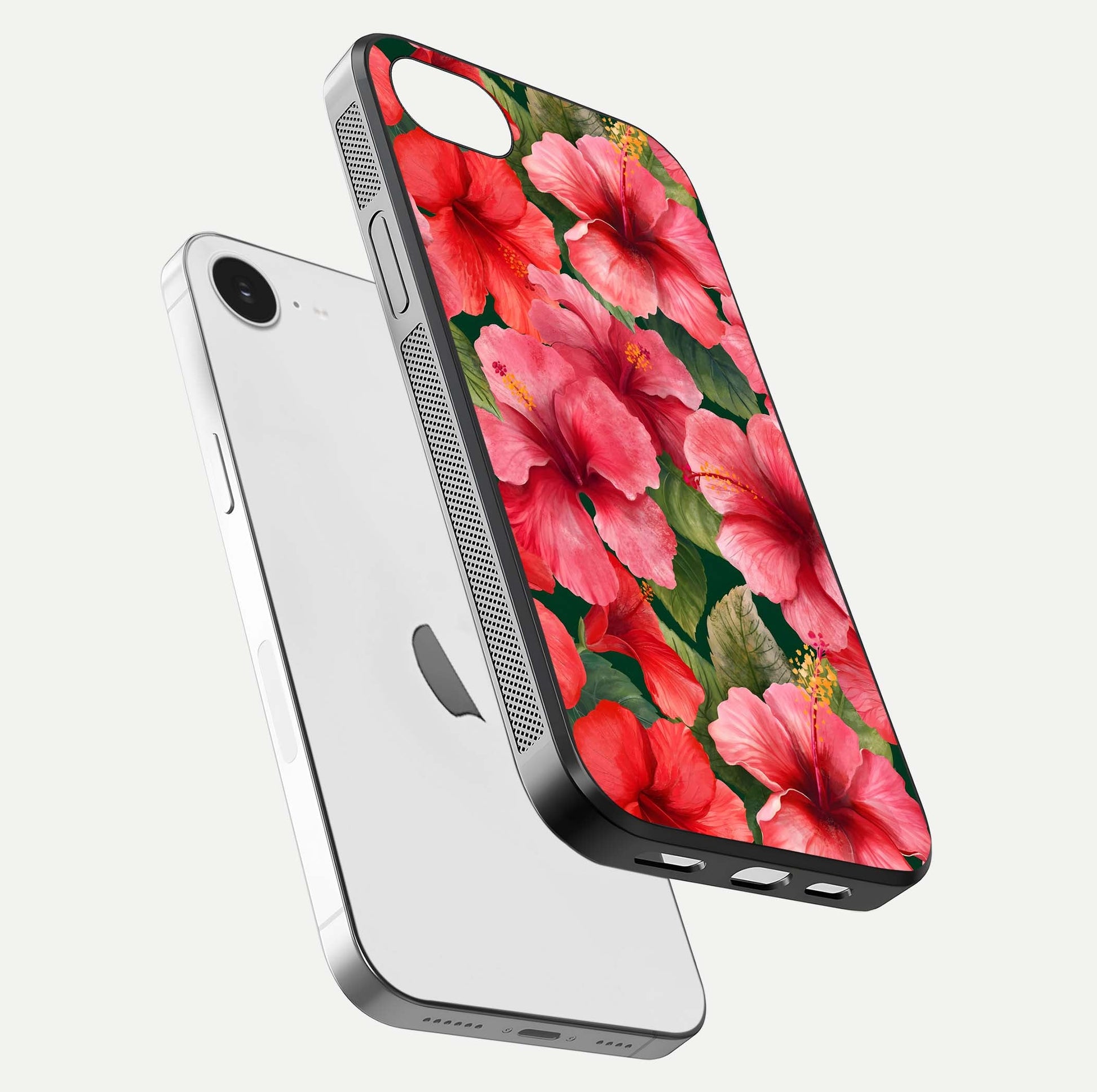Hibiscus Pattern Glass Case for iPhone 16e floating dual-view mockup showing glossy texture and vivid color depth