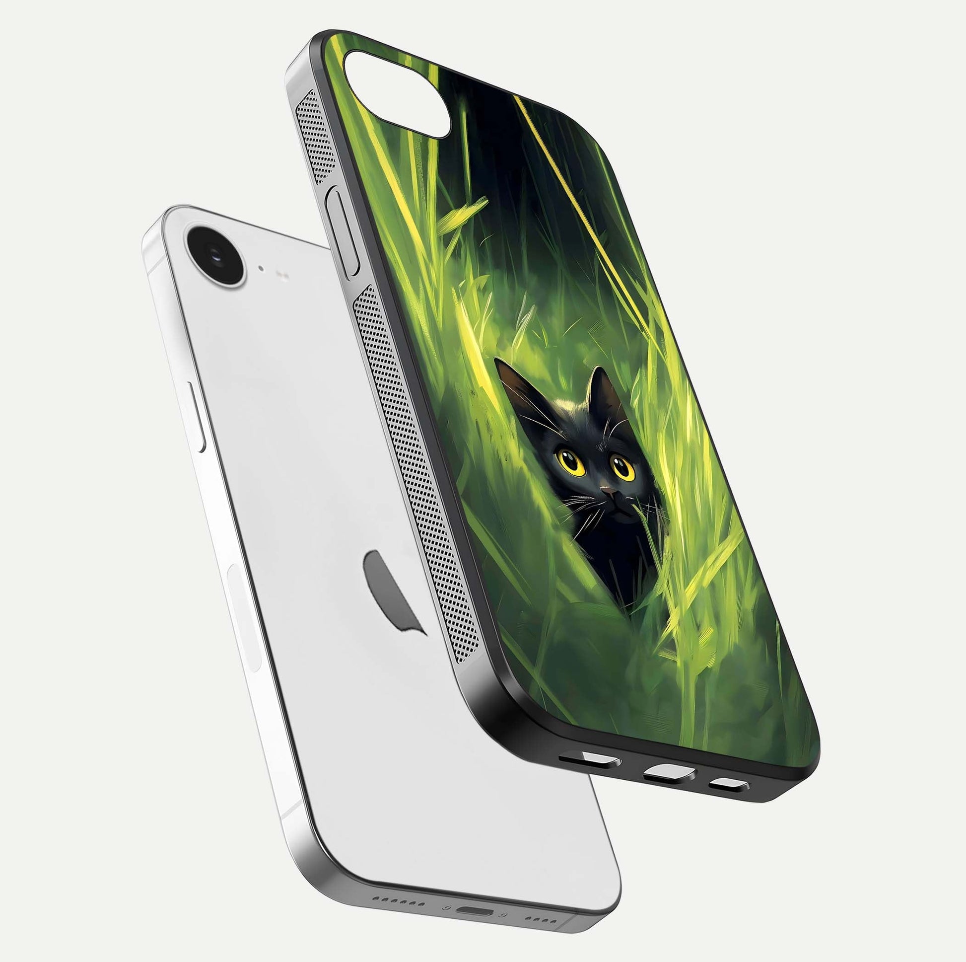 Hidden Cat Whisper Glass Case for iPhone 16e floating dual-view mockup showing glossy tone and elegant cat silhouette