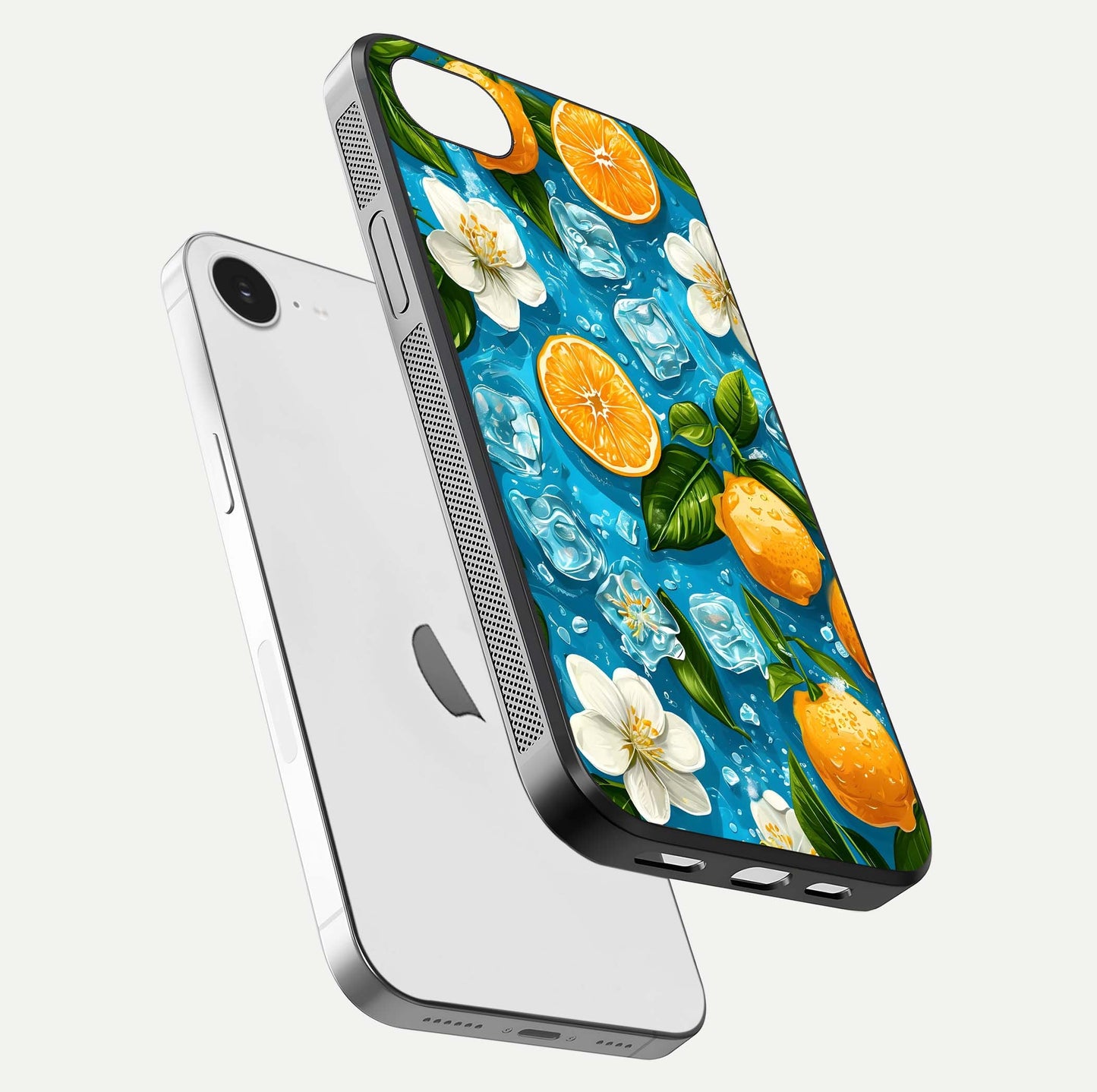 Ice Cube With Orange Glass Case for iPhone 16e floating dual-view mockup showing glossy shine and cool refreshing tone