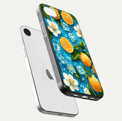 Ice Cube With Orange Glass Case for iPhone 16e floating dual-view mockup showing glossy shine and cool refreshing tone