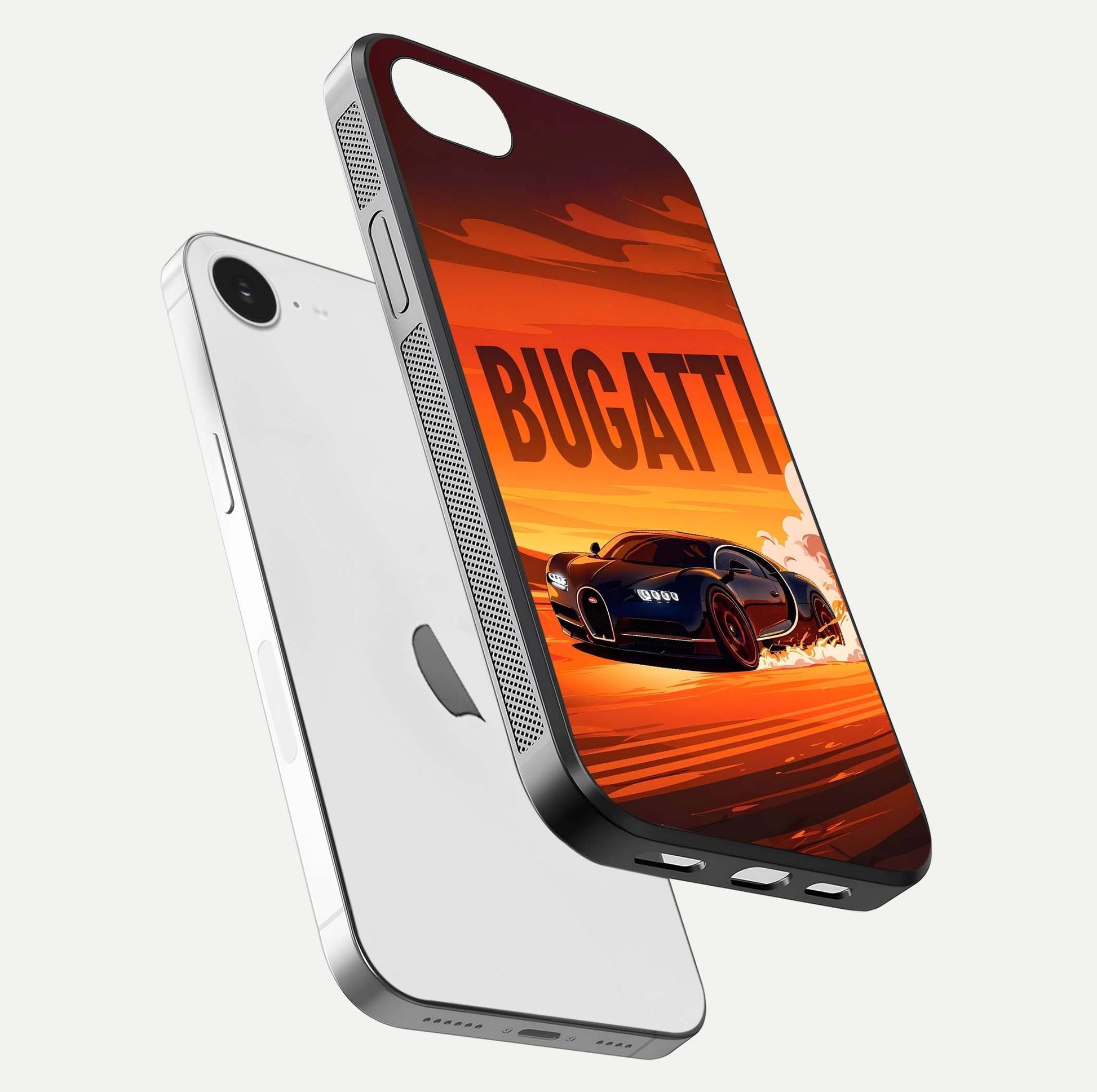 Inferno Bugatti Storm Glass Case for iPhone 16e floating dual-view mockup showing gloss surface and racing energy
