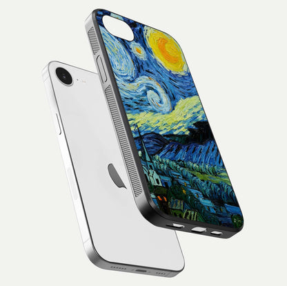Inspired Van Gogh Art Glass Case for iPhone 16e floating dual-view mockup showing gloss depth and artistic reflection