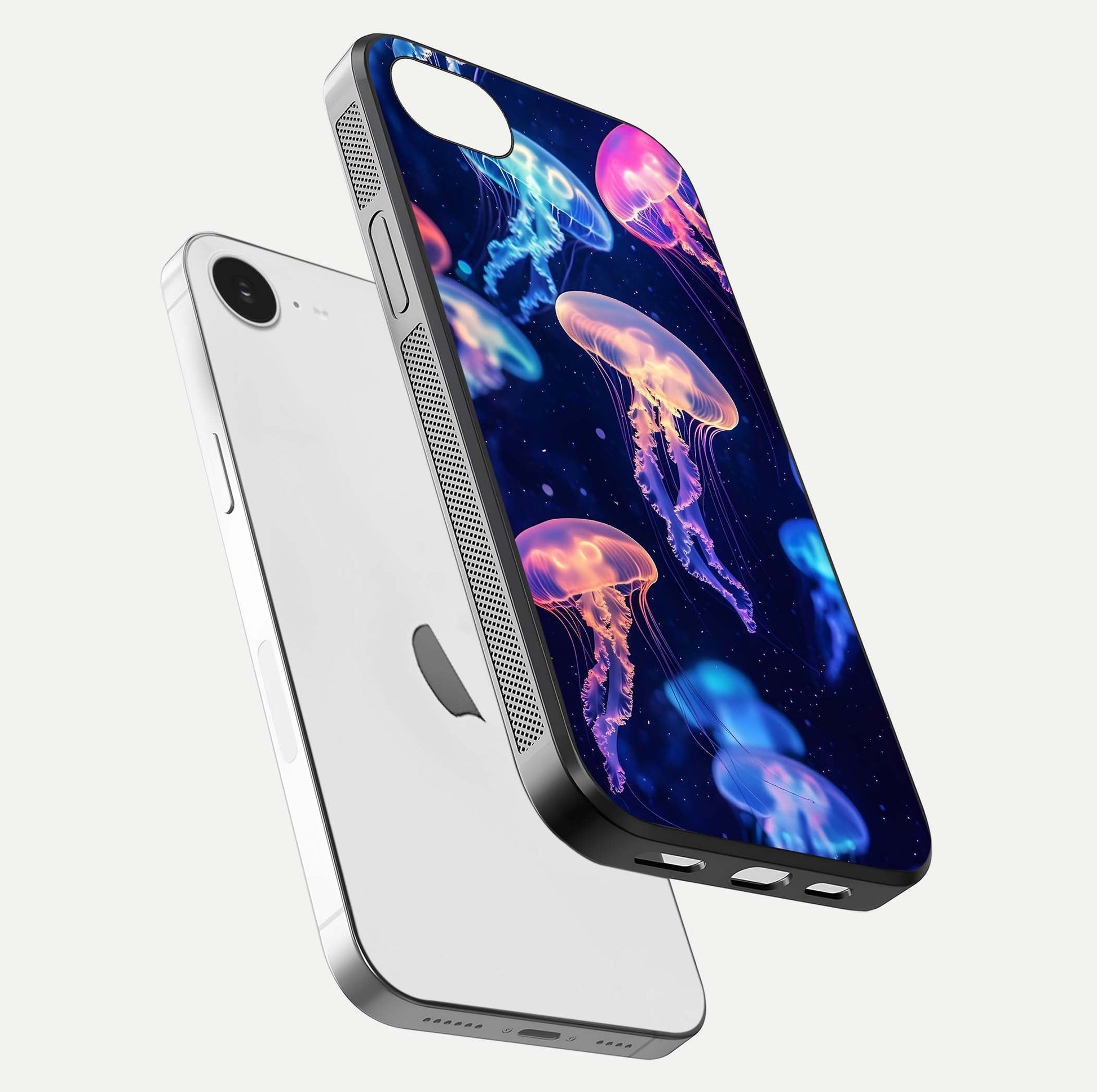 Jellyfish Pattern Glass Case for iPhone 16e floating dual-view mockup showing gloss texture and oceanic depth