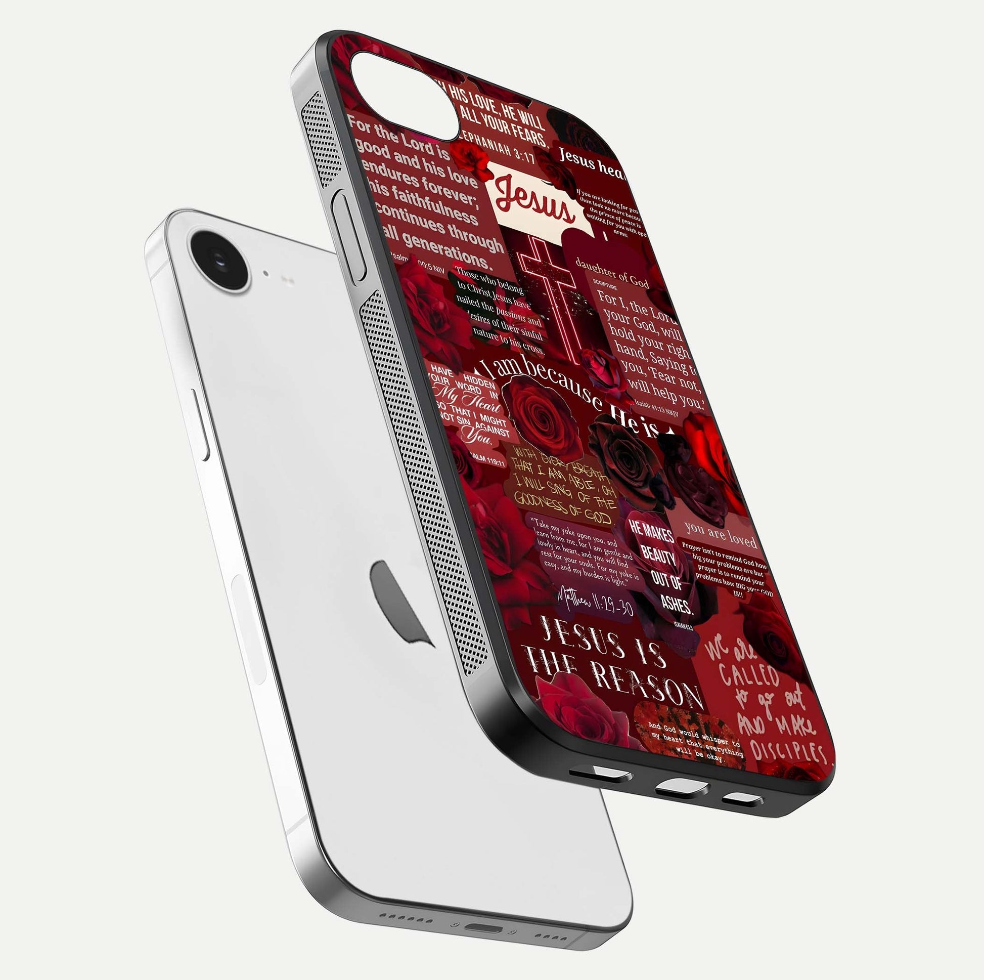 Jesus Love Heals Glass Case for iPhone 16e floating dual-view mockup showing glossy shine and faith-inspired art