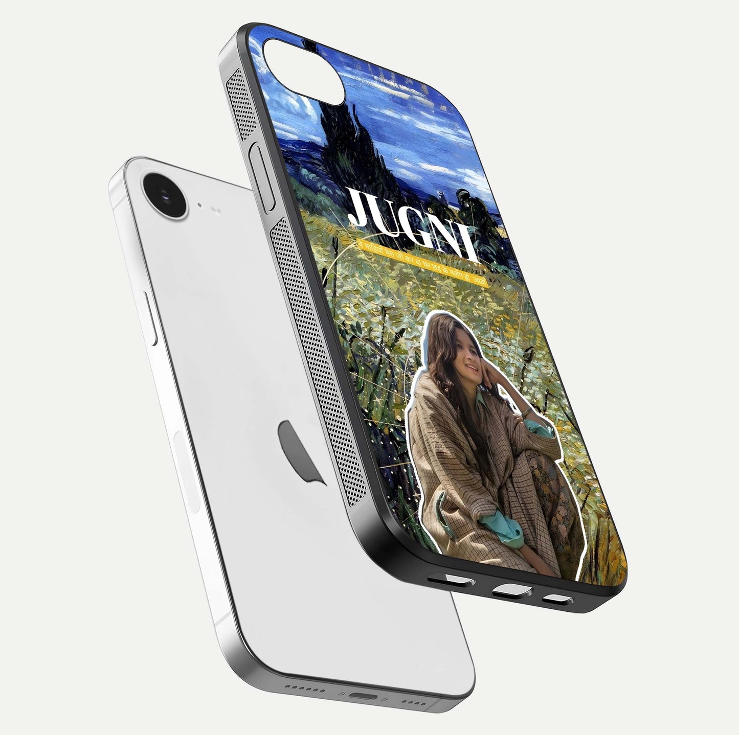 Jugni Soul Vibes Glass Case for iPhone 16e floating dual-view mockup showing gloss surface and vivid design style
