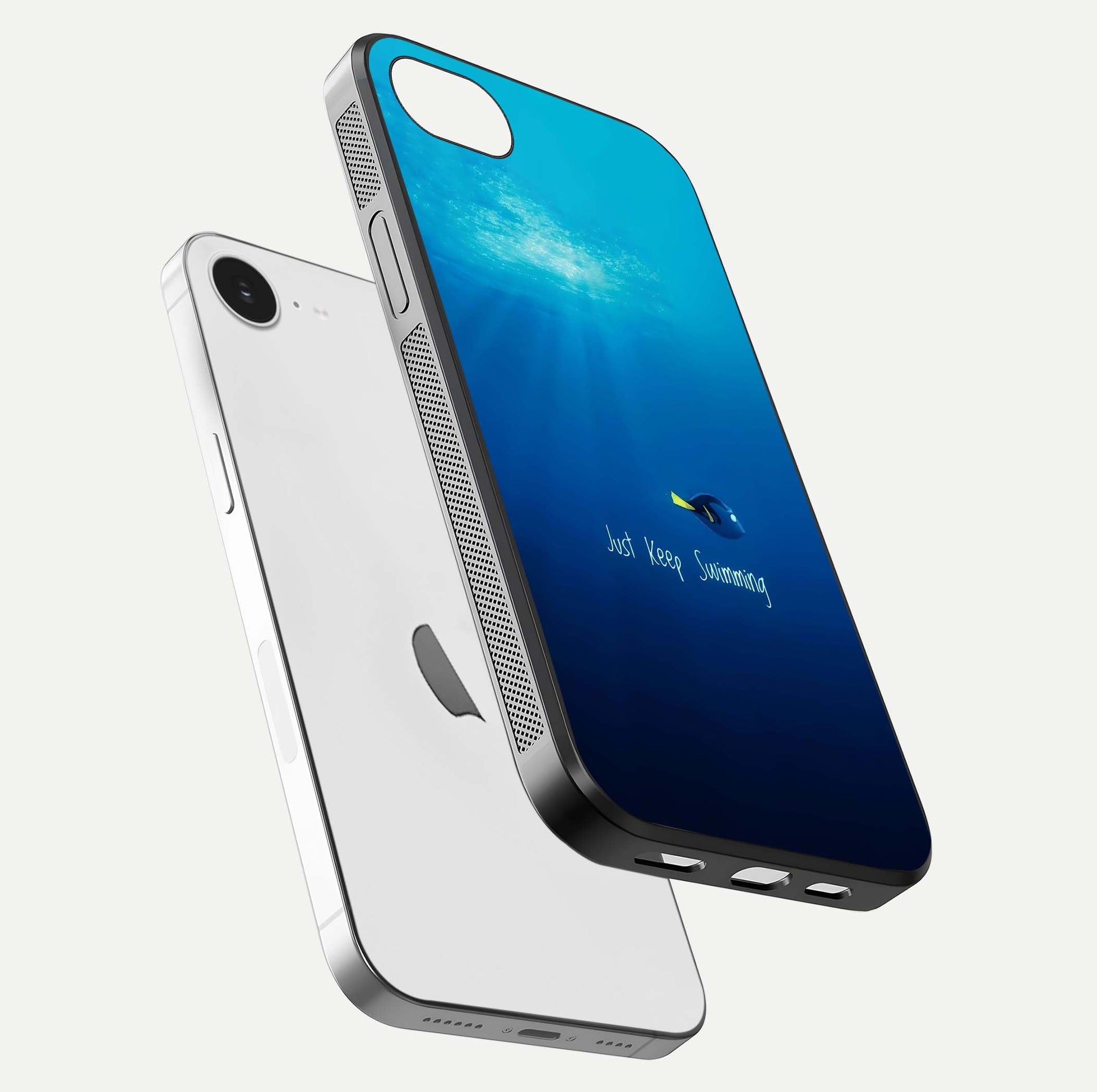Just Keep Swimming Glass Case for iPhone 16e floating dual-view mockup showing gloss brightness and wave motif