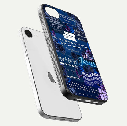 Kingdom Faith Glow Glass Case for iPhone 16e floating dual-view mockup showing premium gloss and golden aura