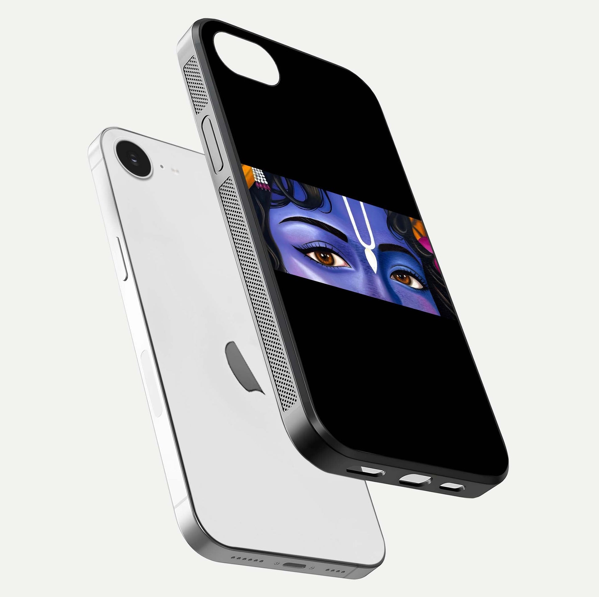 Krishna Eye Glass Case for iPhone 16e floating dual-view mockup showing gloss surface and divine art depth