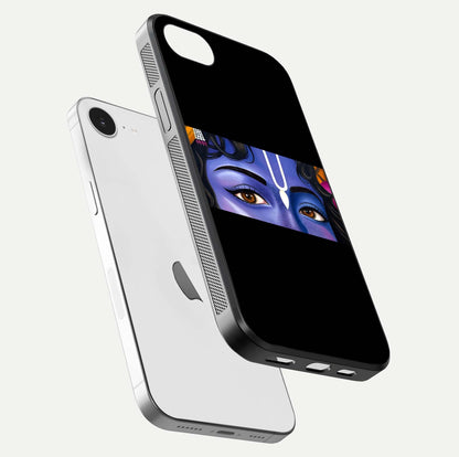 Krishna Eye Glass Case for iPhone 16e floating dual-view mockup showing gloss surface and divine art depth