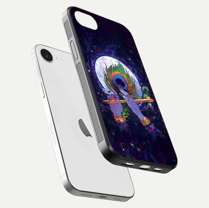 Krishna Hands Art Glass Case for iPhone 16e floating dual-view mockup showing premium gloss reflection