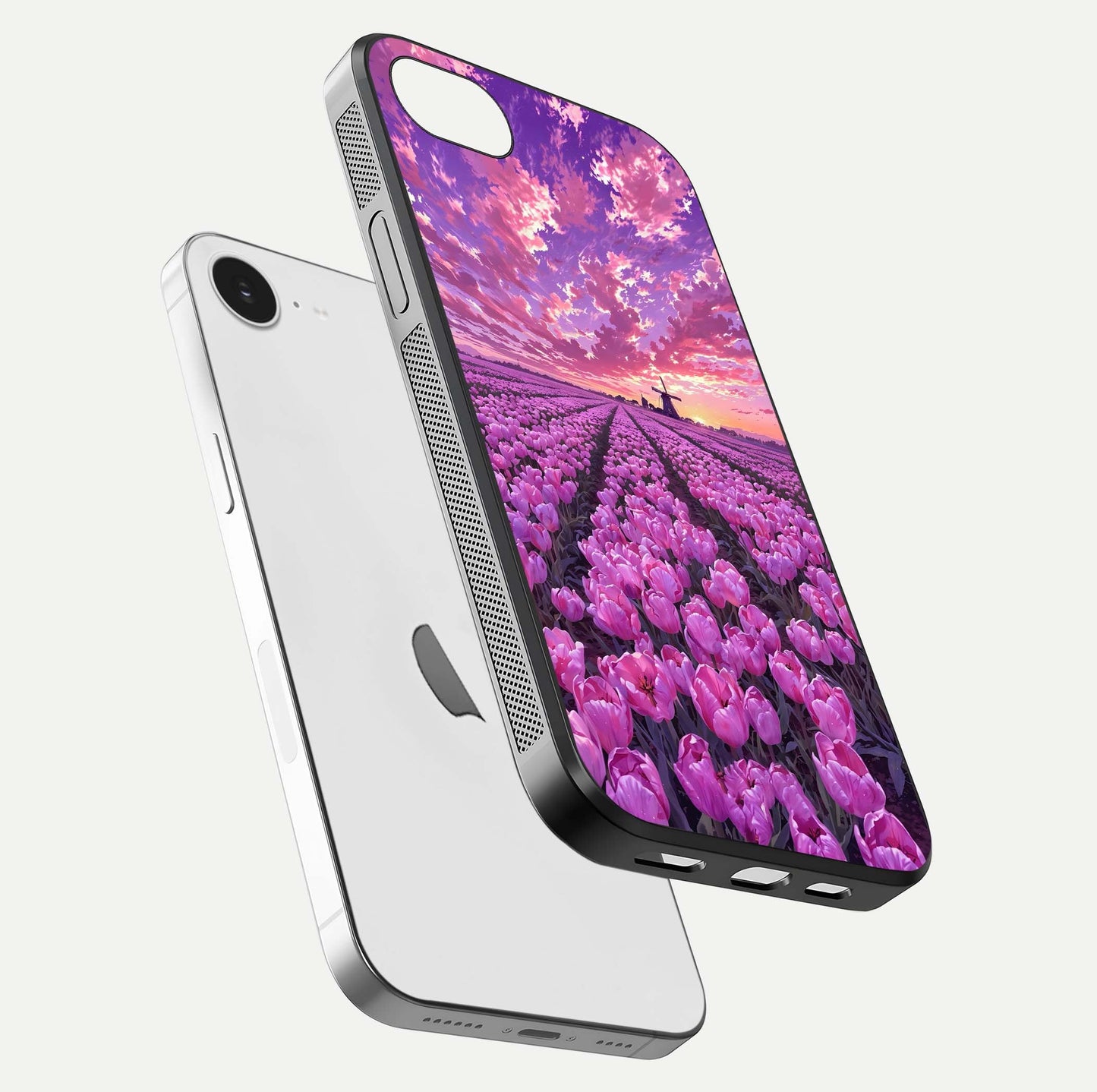 Lavender Dream Skies Glass Case for iPhone 16e floating dual-view mockup showing gloss polish and pastel design
