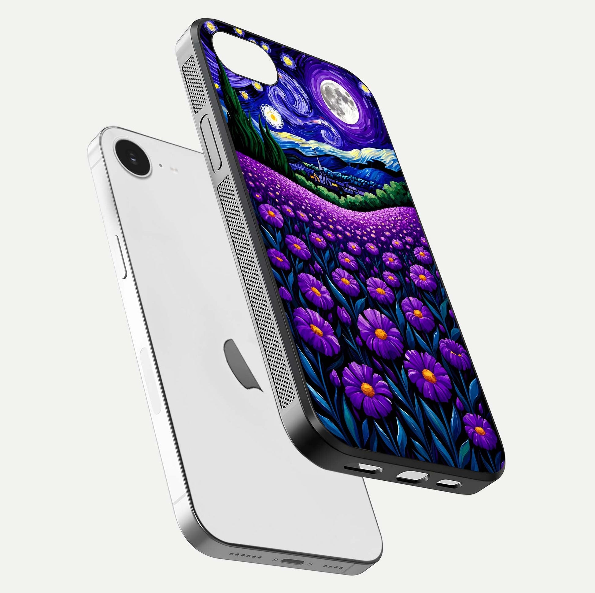 Lavender Moon Field Glass Case for iPhone 16e floating dual-view mockup showing gloss surface and floral glow