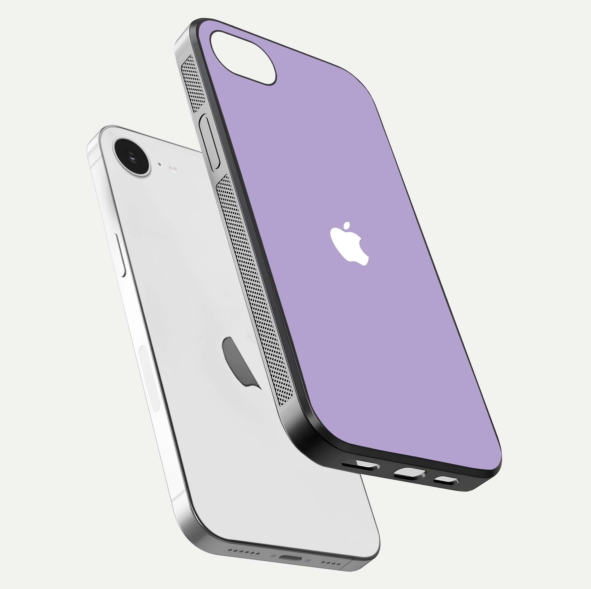 Lavender Soft Minimal Glass Case for iPhone 16e floating dual-view mockup showing gloss reflection and pastel tone