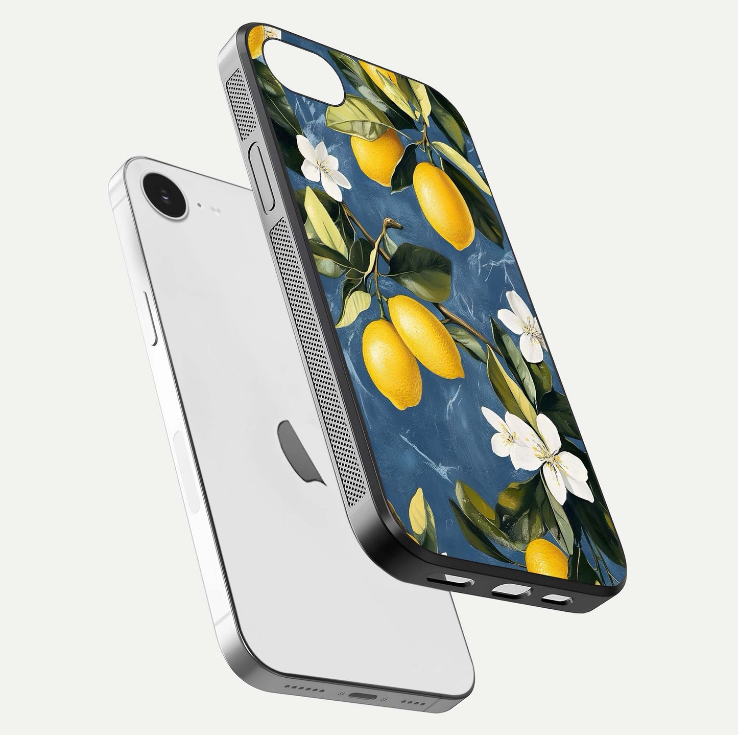 Lemon Dream Garden Glass Case for iPhone 16e floating dual-view mockup showing gloss brightness and vivid yellow print
