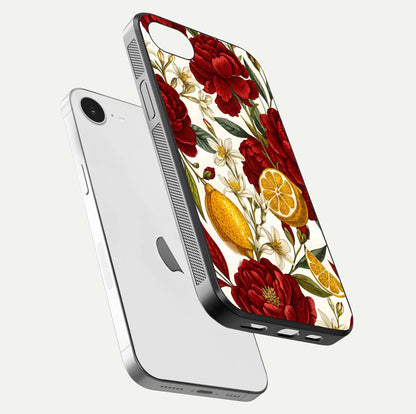 Lemon Rose Charm Glass Case for iPhone 16e floating dual-view mockup showing gloss polish and floral gradient