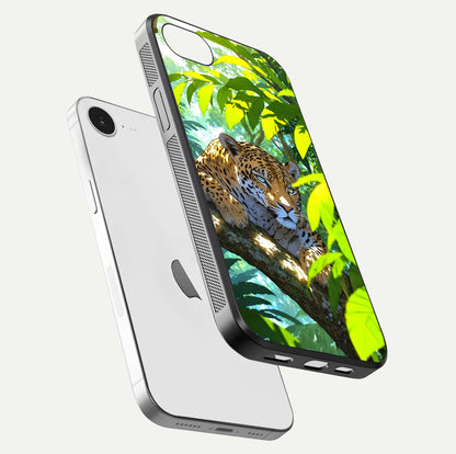 Leopard in Jungle Glass Case for iPhone 16e floating dual-view mockup showing gloss finish and HD wild pattern