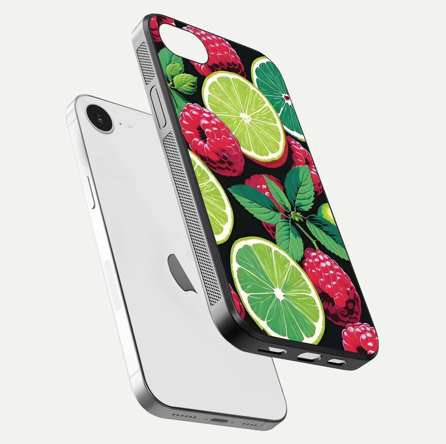 Lime and Raspberry Pattern Glass Case for iPhone 16e floating dual-view showing HD gloss and vivid print