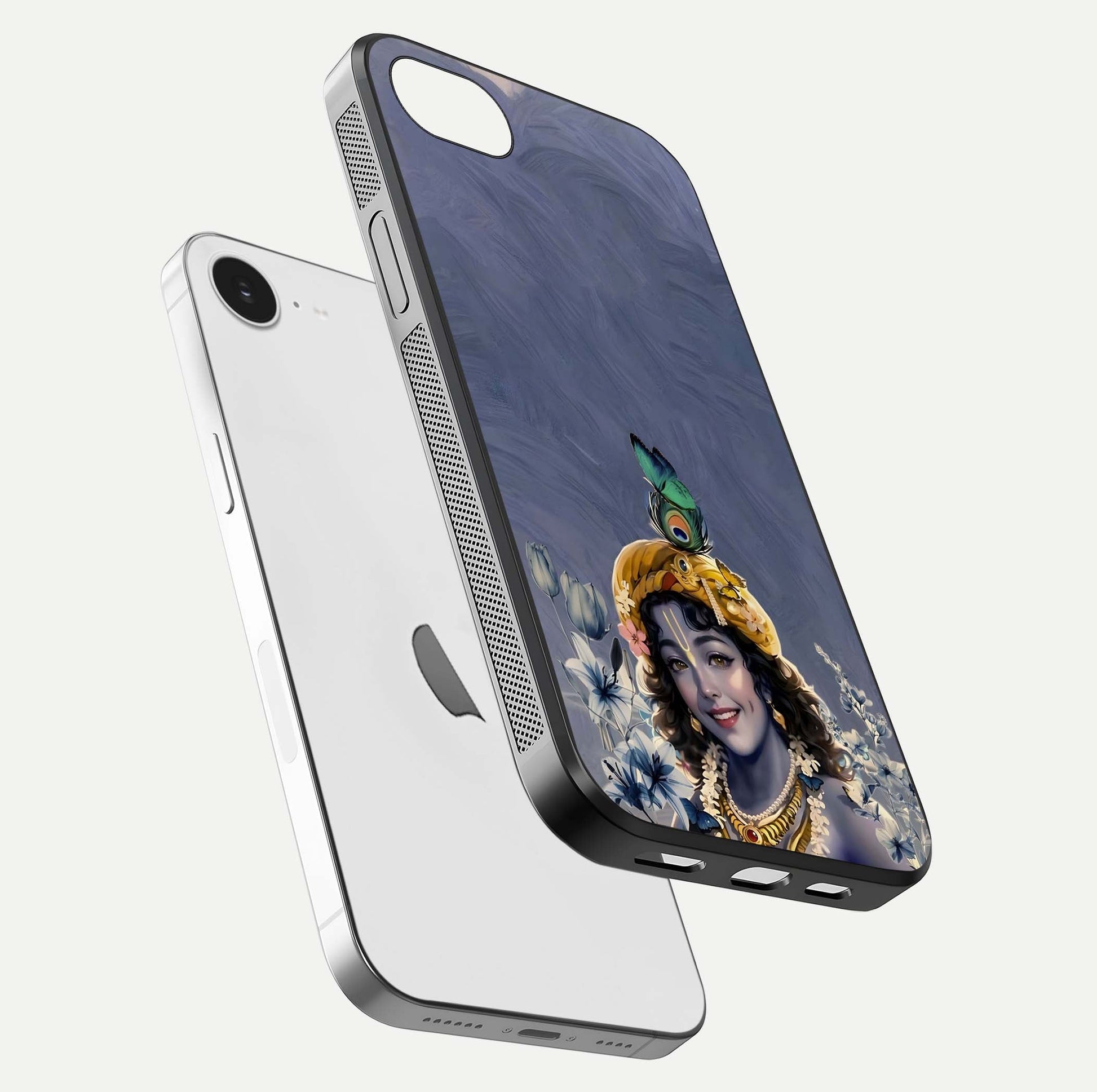 Lord Krishna Glass Case for iPhone 16e floating dual-view showing glossy shine and divine artistic pattern