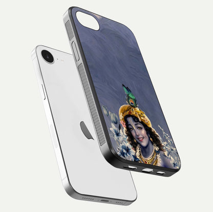 Lord Krishna Glass Case for iPhone 16e floating dual-view showing glossy shine and divine artistic pattern