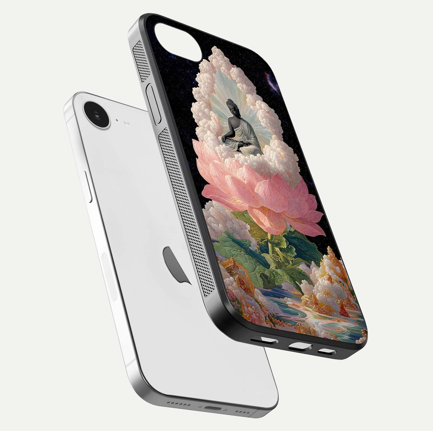 Lotus Divine Peace Glass Case for iPhone 16e floating dual-view mockup with glass glow and spiritual calm art