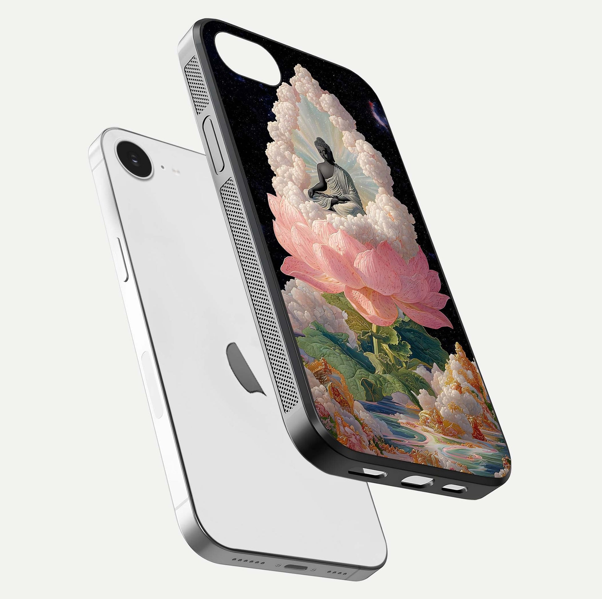 Lotus Divine Peace Glass Case for iPhone 16e floating dual-view mockup with glass glow and spiritual calm art