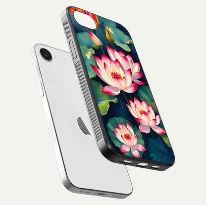 Lotus Dream Serenity Glass Case for iPhone 16e floating dual-view mockup highlighting HD gloss glow