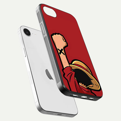 Luffy X Spirit Glass Case for iPhone 16e floating dual-view mockup showing gloss polish and vibrant color depth