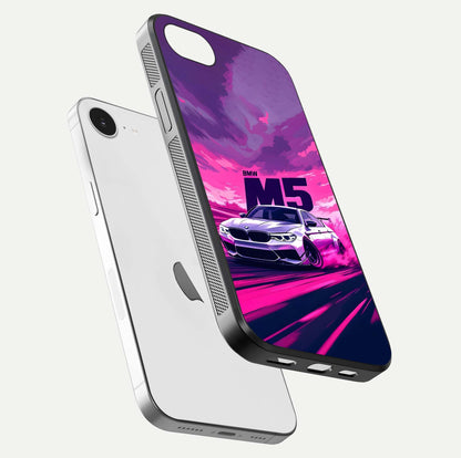 MS Neon Car Glass Case for iPhone 16e floating dual-view mockup showing HD gloss and electric color tones
