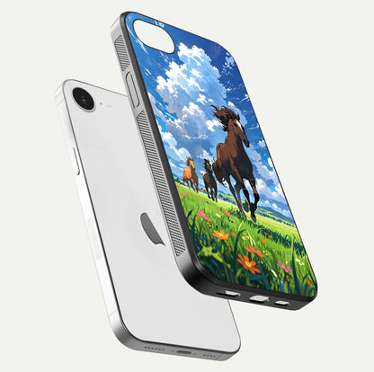 Majestic Horses Galloping Glass Case for iPhone 16e floating dual-view mockup showing gloss texture and vivid tones