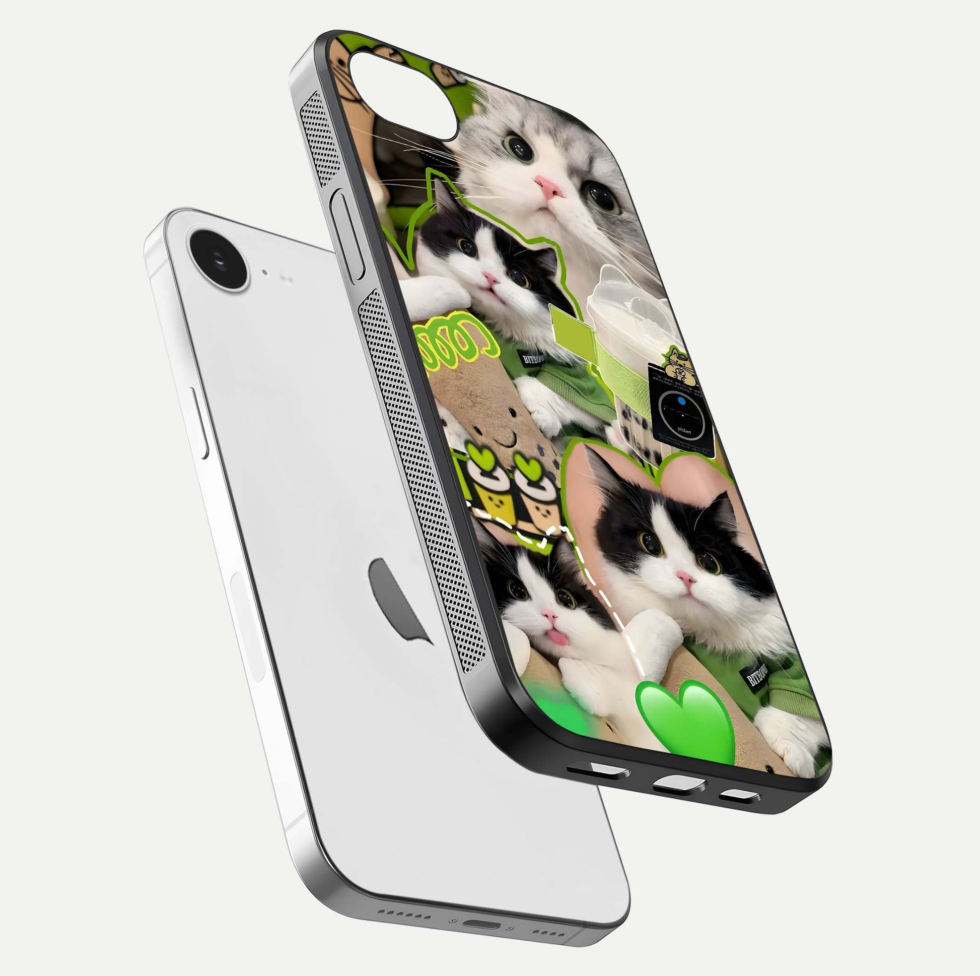 Matcha Cats Mood Glass Case for iPhone 16e floating dual-view mockup showing HD gloss surface and soft tones