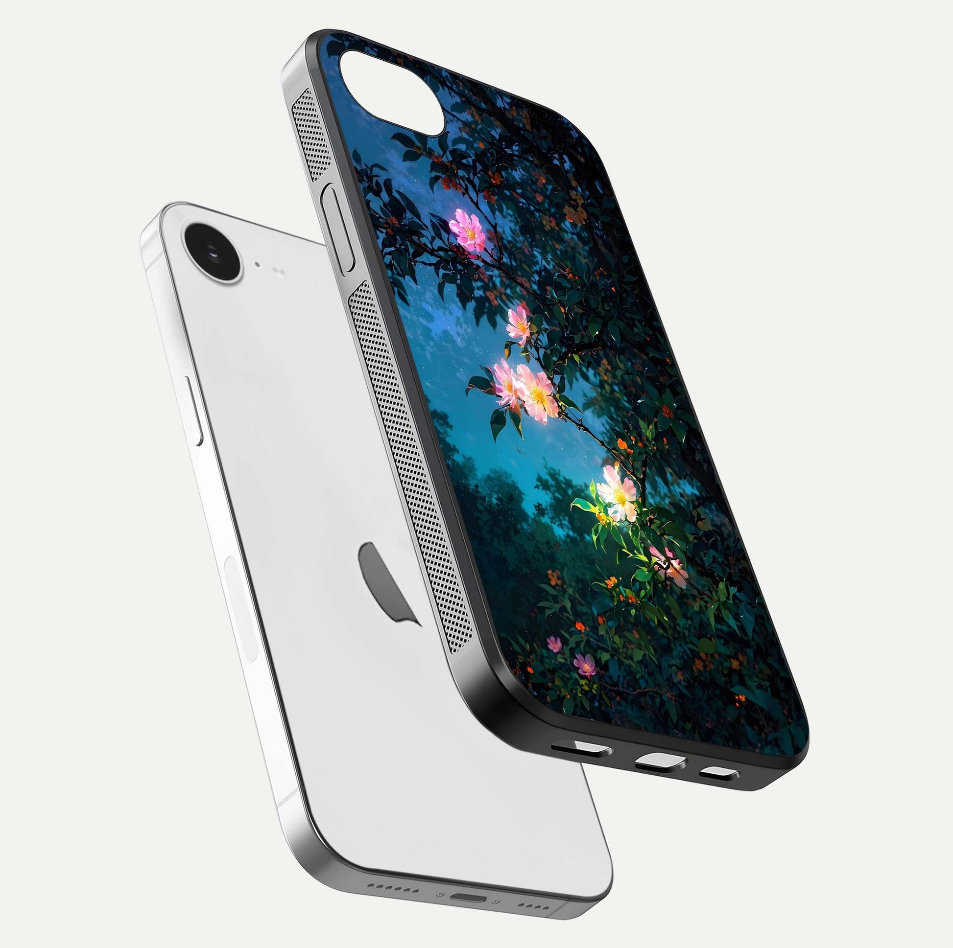 Midnight Bloom Glow Glass Case for iPhone 16e floating dual-view mockup showing HD gloss and floral contrast