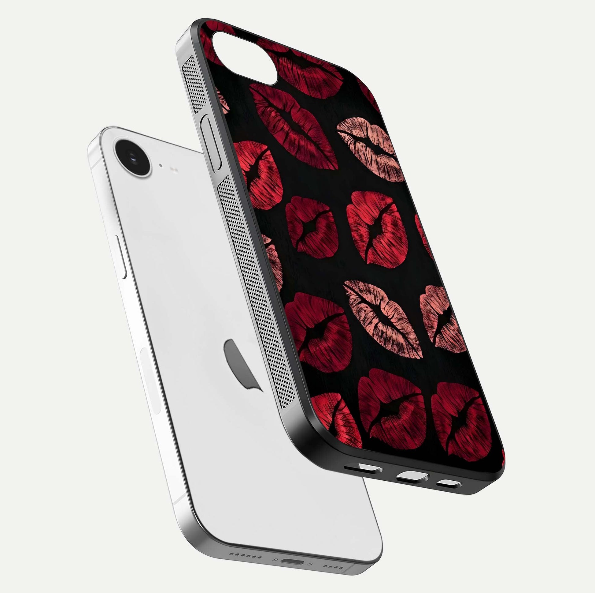 Midnight Kiss Love Glass Case for iPhone 16e floating dual-view mockup showing HD gloss and elegant edge design