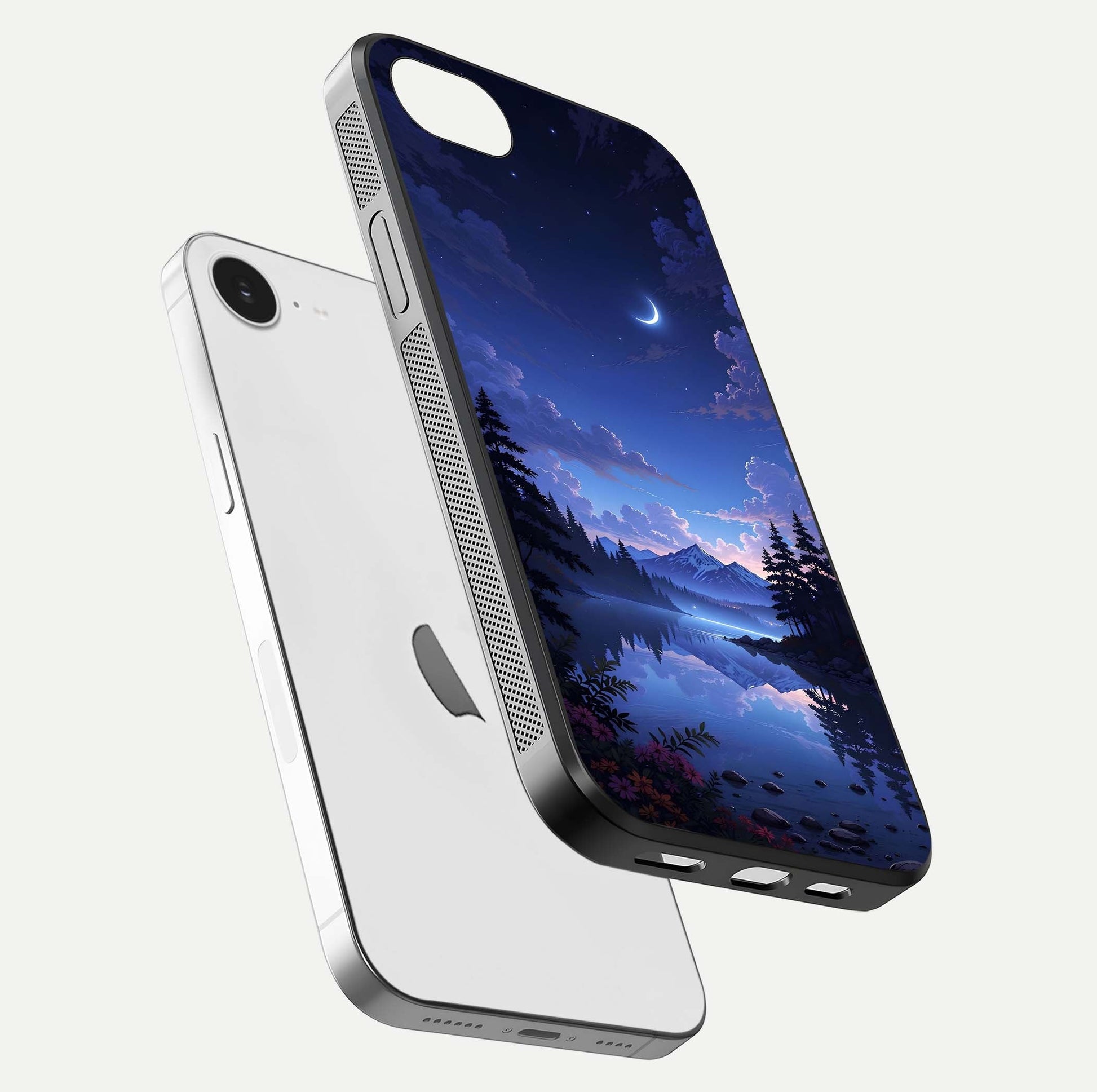 Midnight Lake Peace Glass Case for iPhone 16e floating dual-view mockup showing gloss finish and peaceful art