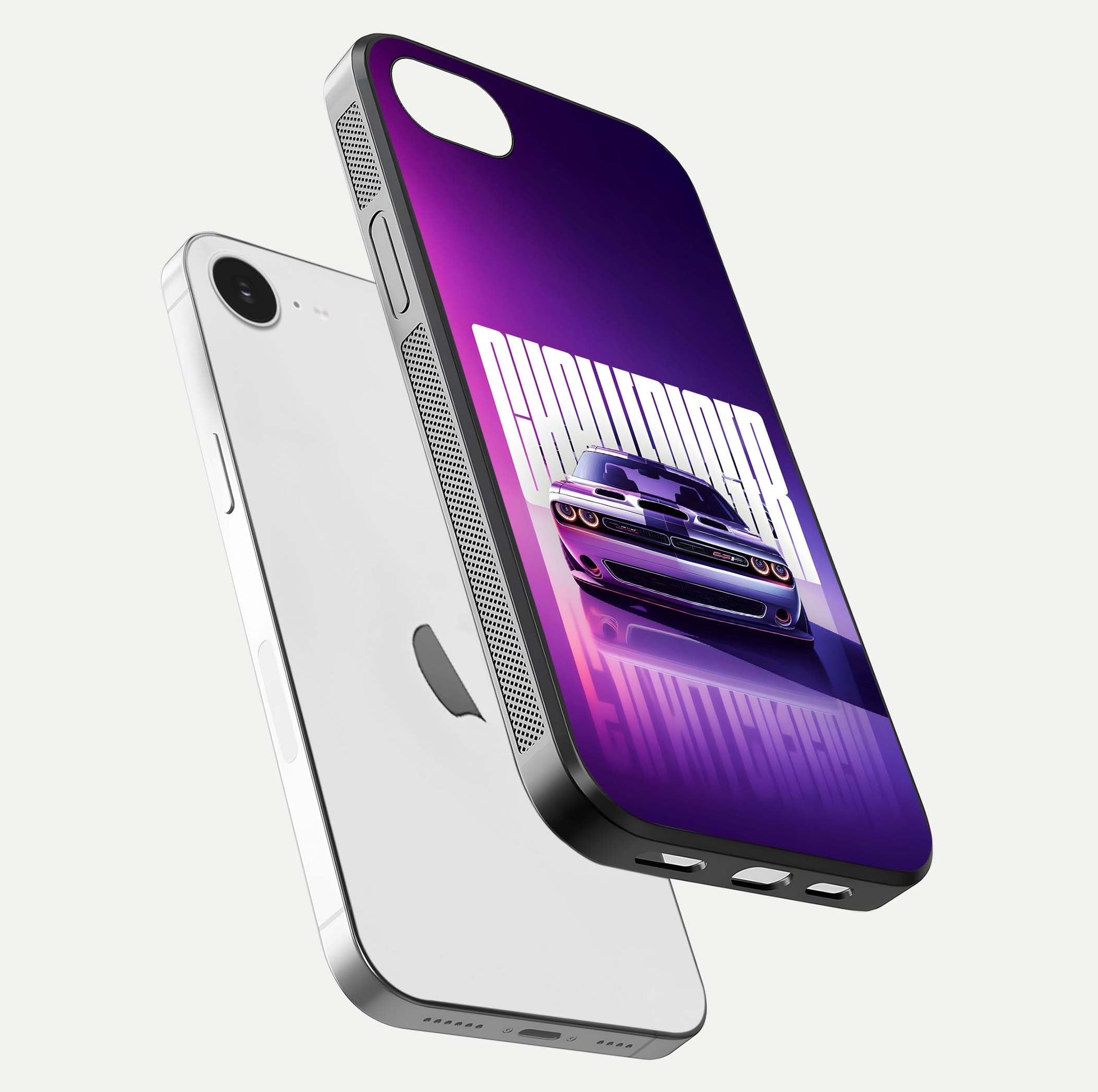 Midnight Muscle Ride Glass Case for iPhone 16e floating dual-view mockup showing glossy finish and shine depth