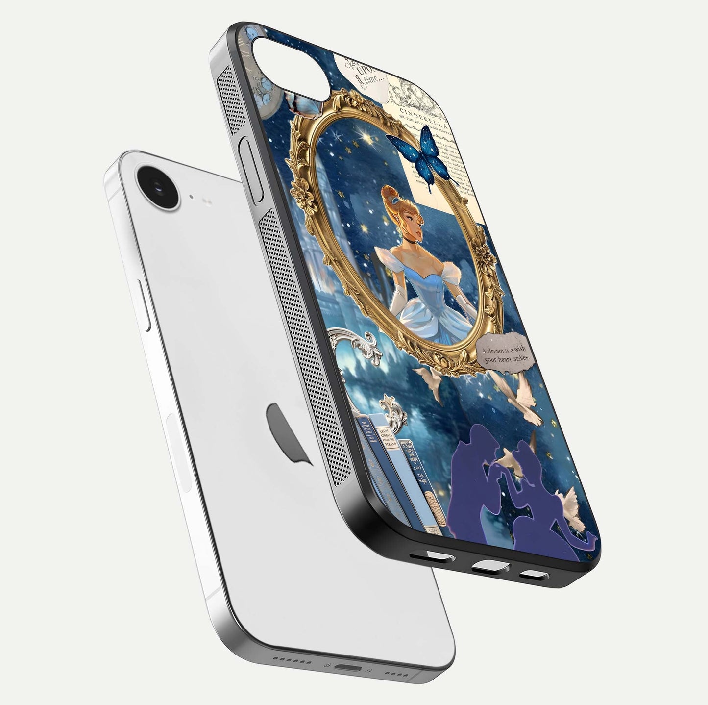 Midnight Queen Glass Case for iPhone 16e floating dual-view mockup showing HD glass shine and luxury art