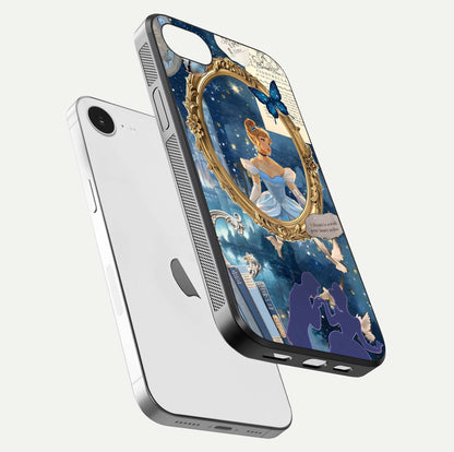 Midnight Queen Glass Case for iPhone 16e floating dual-view mockup showing HD glass shine and luxury art