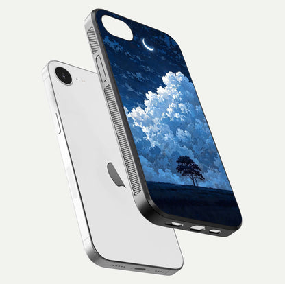 Midnight Sky Serenity Glass Case for iPhone 16e floating dual-view mockup showing HD gloss and night shine